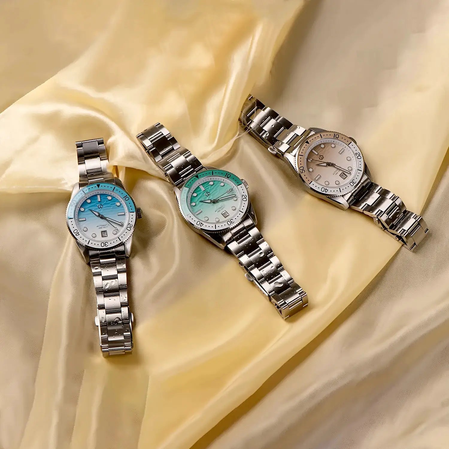 WISHDOIT men's automatic dive watches, three stainless steel watches with ocean blue, turquoise and white ripple dials