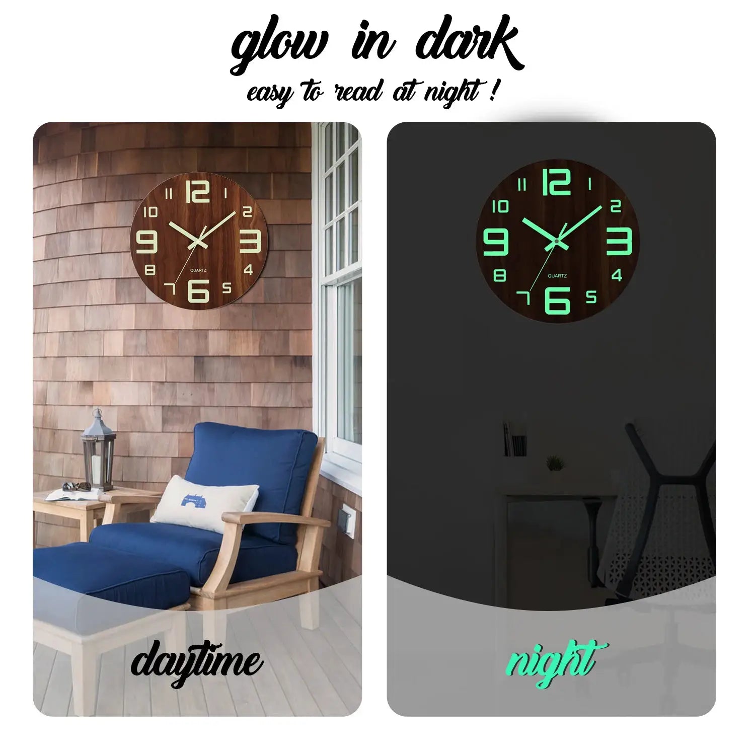 12-inch wooden wall clock by Simples Market with glow-in-the-dark green numerals at night; silent non-ticking design