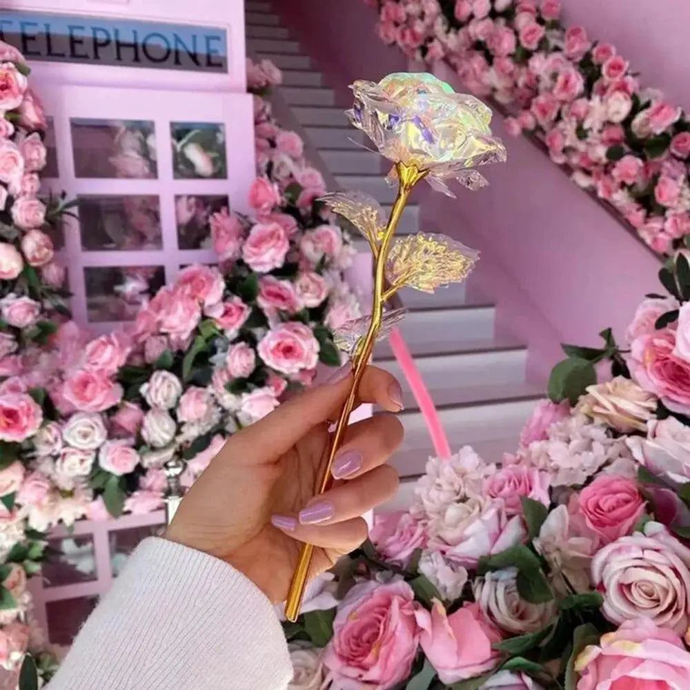 LED 24K foil-plated rose with iridescent petals on a gold stem, decorative artificial flower gift.