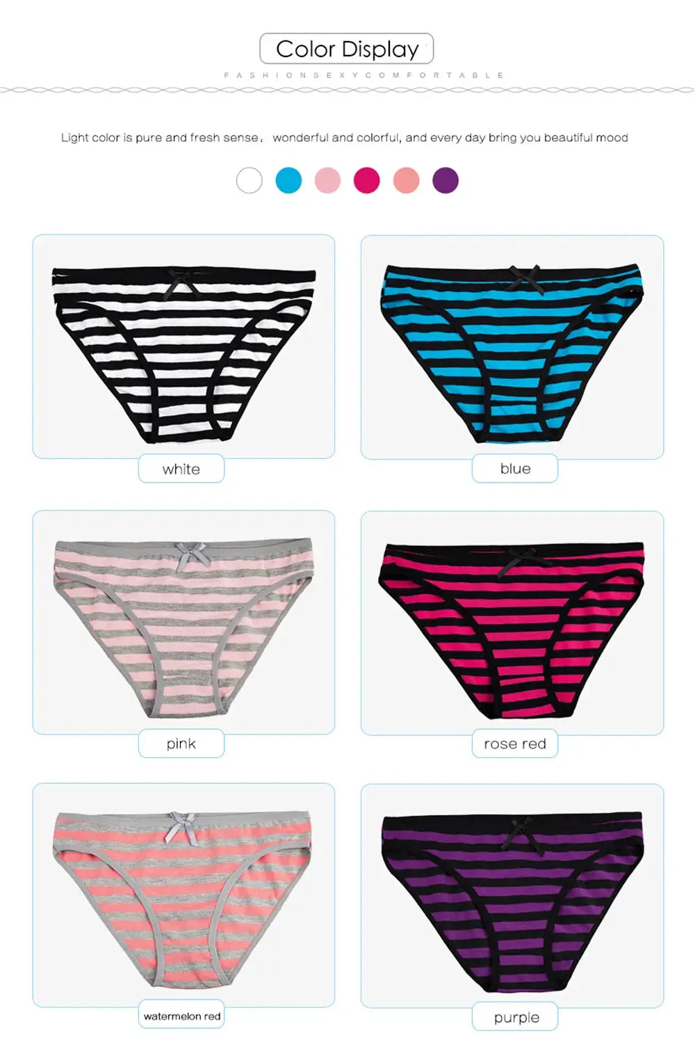Set of 6 women's striped cotton bikini panties in white, blue, pink, rose red, watermelon red, and purple