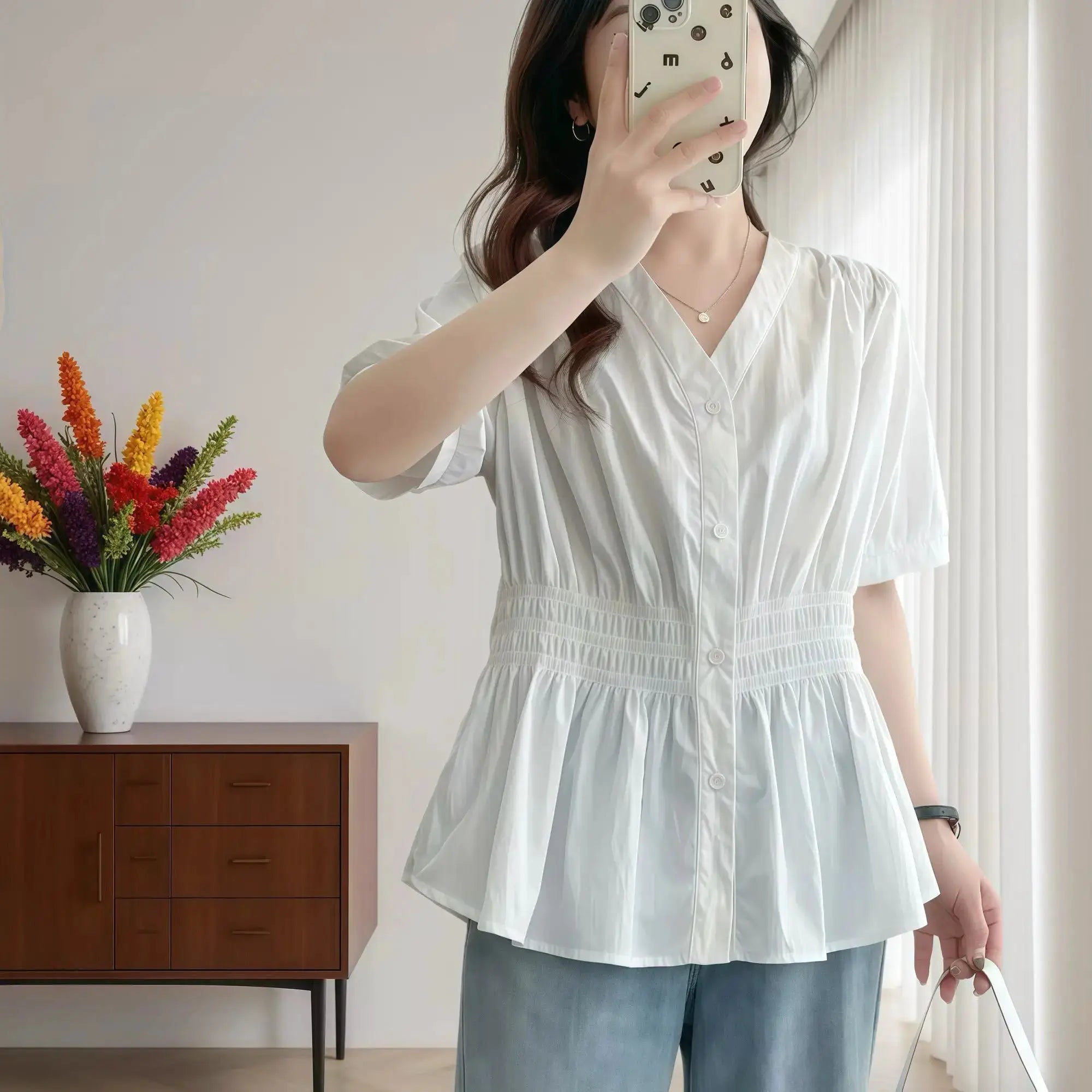 Plus Size Elastic Waist V Neck Puff Sleeve Blouse For Summer