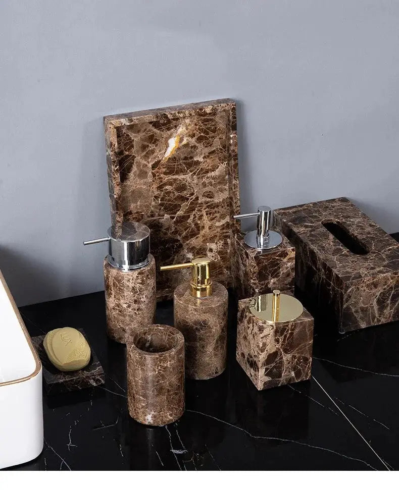 Emperador Dark marble bathroom set by Simples Market; brown stone toothbrush holder, dispenser, soap dish