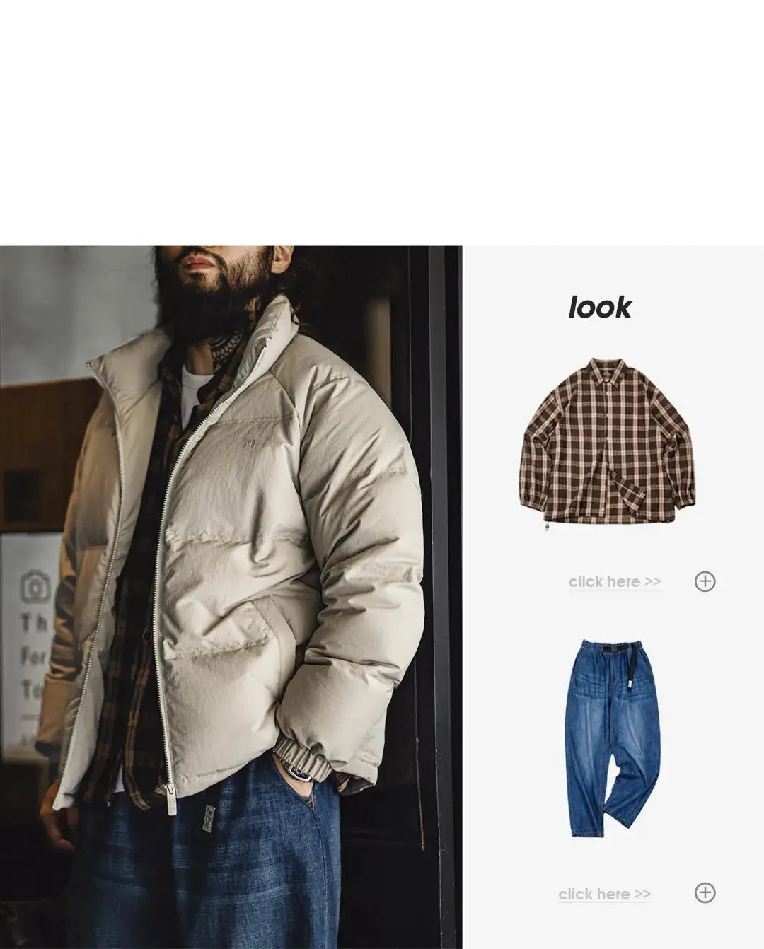 Simples Market Maden Winter Down Jacket for Men in beige, white duck down filling, stand-up collar, puffer style.