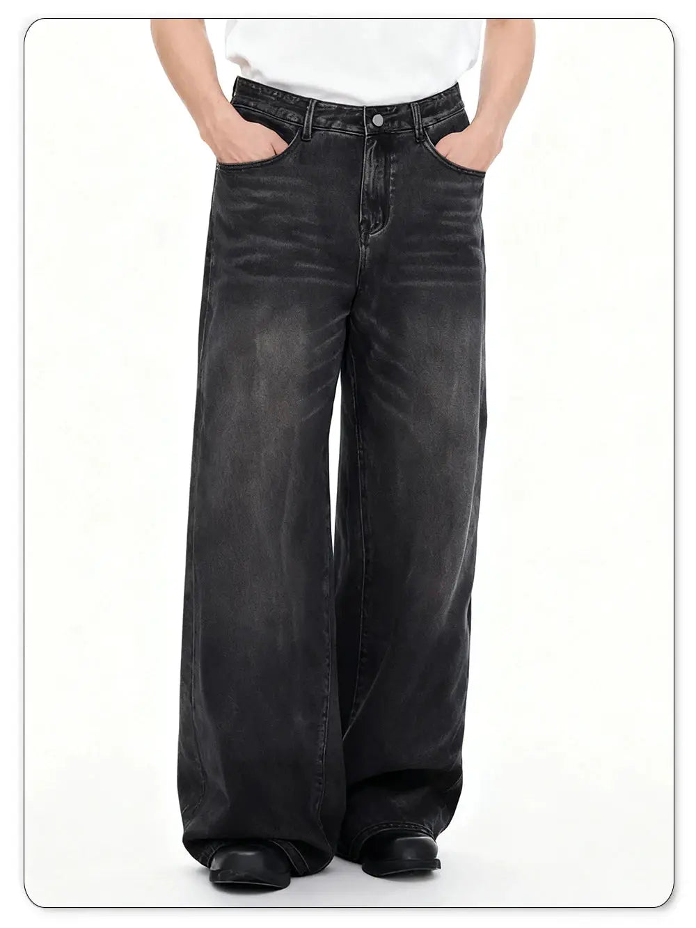 Four Season men's jeans Korean version, black-washed denim, loose wide-leg baggy style.