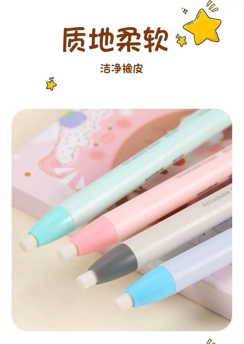 KHINSUN retractable pen-style eraser pencils set in pastel mint, pink, gray, and blue for school writing and correction