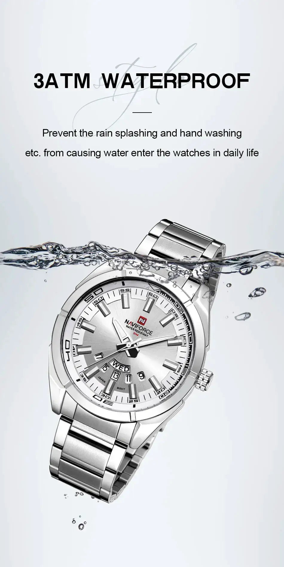 Naviforce men's stainless steel watch with date display, silver bracelet, 3ATM water resistant