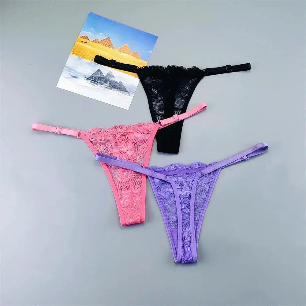 3-pack lace thong panties for women in pink, purple, and black, adjustable low-waist T-back by Simples Market