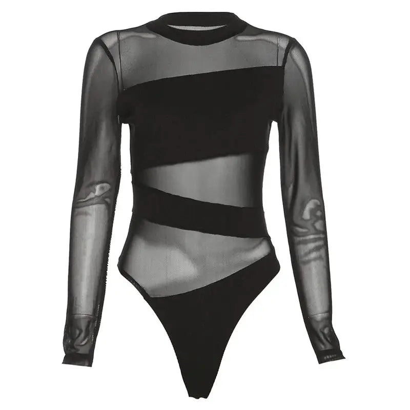Bodysuit by Simples Market: black mesh cut-out with sheer long sleeves and diagonal panels