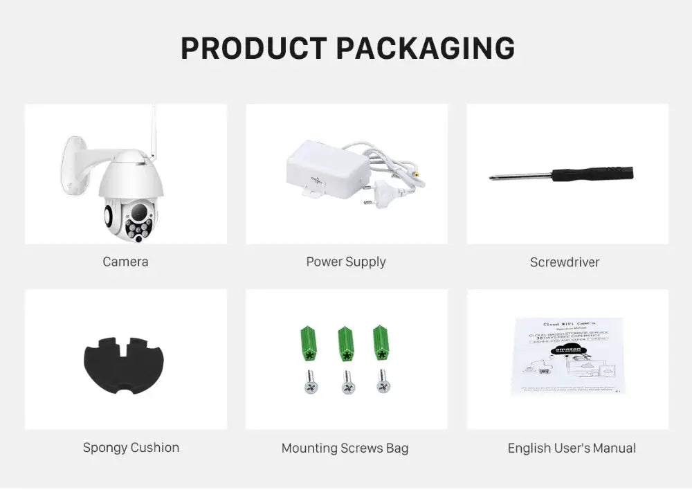 Simples Market YCC365 Plus PTZ WiFi outdoor camera packaging: camera, power supply, screwdriver, mounting screws bag, spongy cushion, English manual