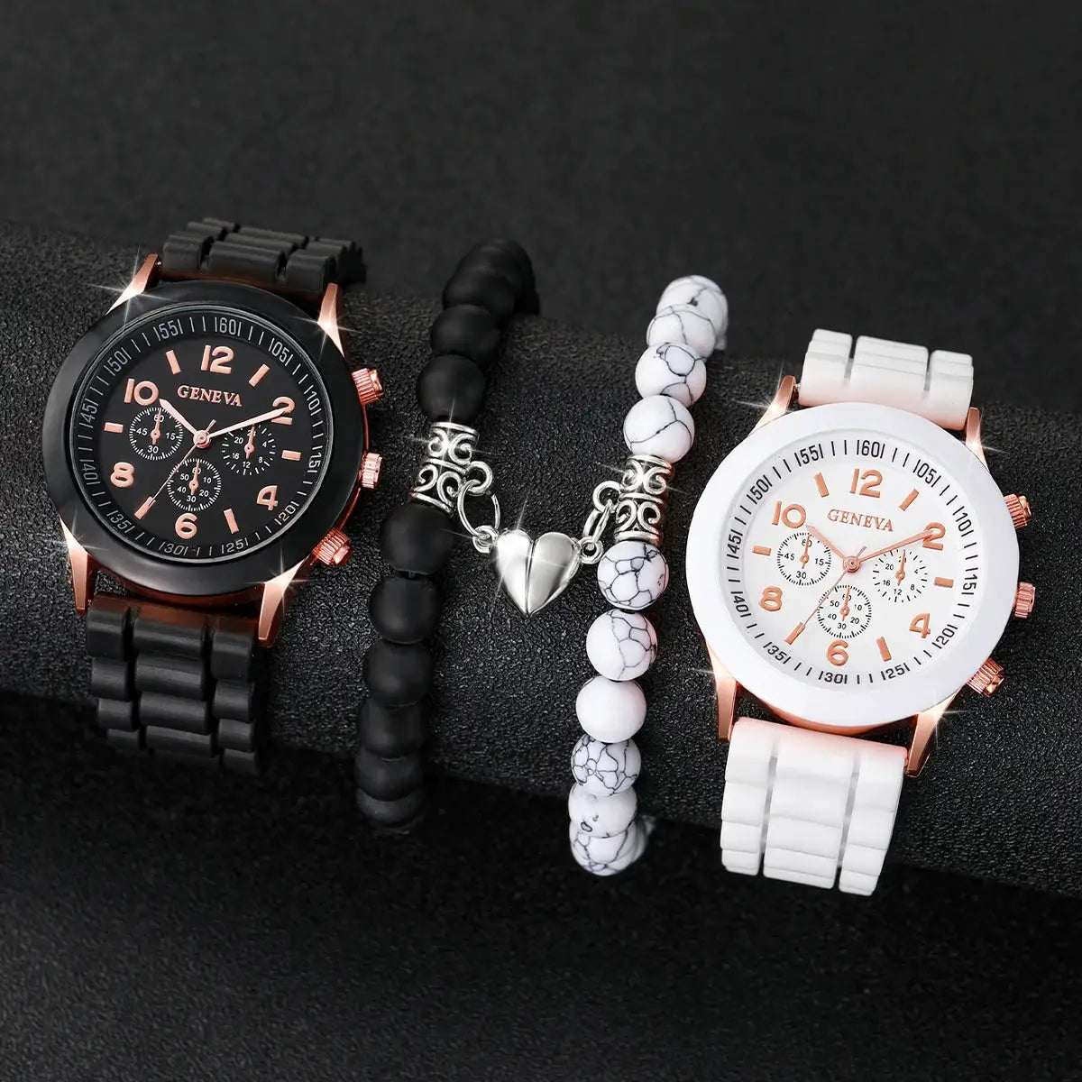 Geneva 4-piece set: black and white silicone-band watches with rose-gold accents plus marble bead bracelets