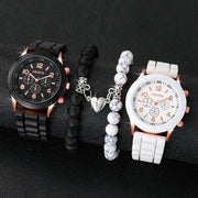 Geneva 4-piece set: black and white silicone-band watches with rose-gold accents plus marble bead bracelets