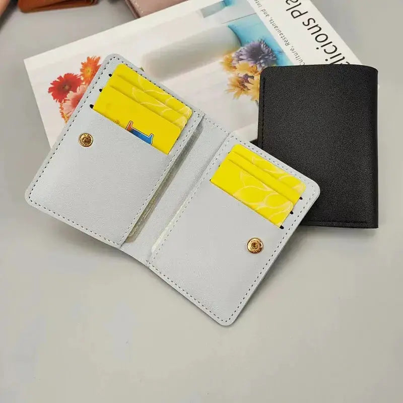 Simples Market classic designer PU leather small wallet; open gray bi-fold with yellow cards, two wallets