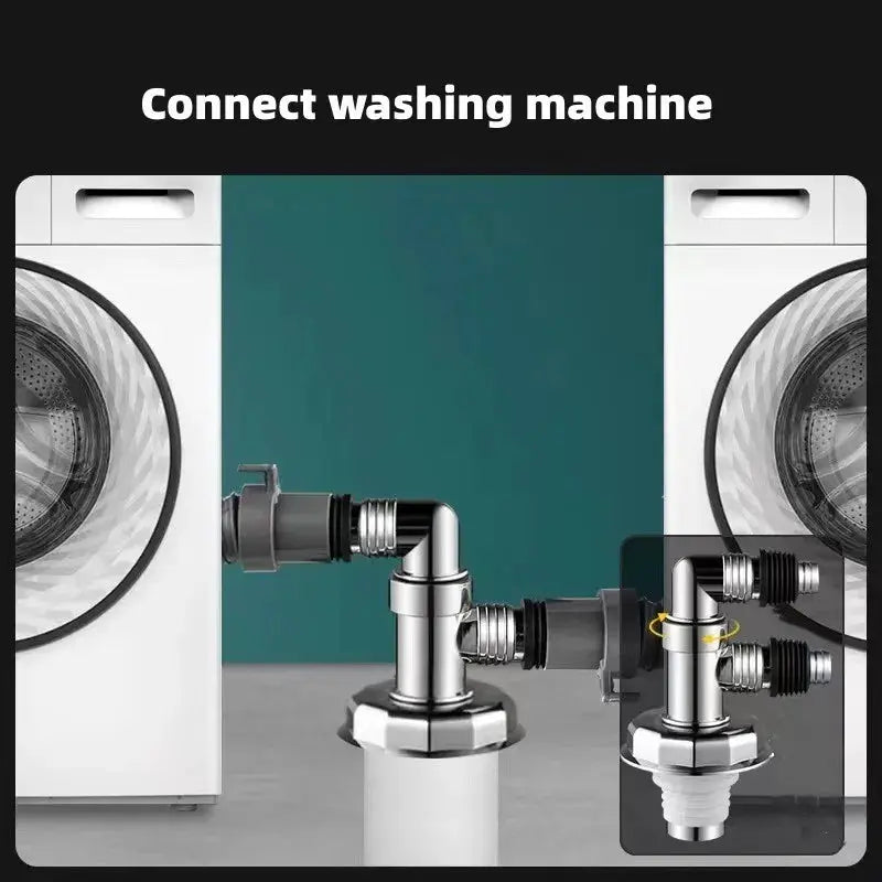 Simples Market washing machine floor drain joint with chrome metal connectors and plastic hose adapters; two washers shown