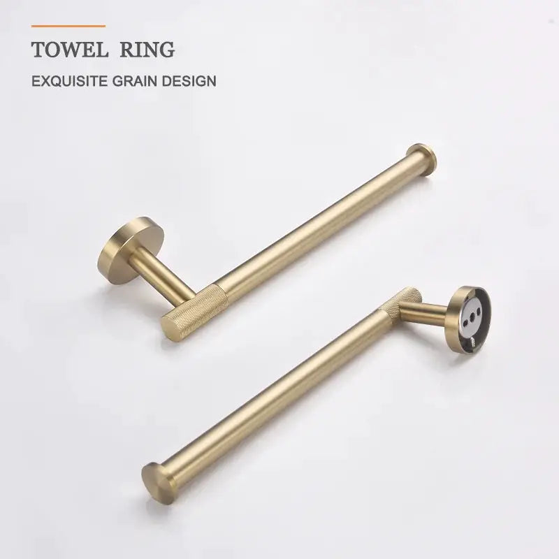 Brushed gold knurled brass bathroom hardware set with two wall-mount towel bars