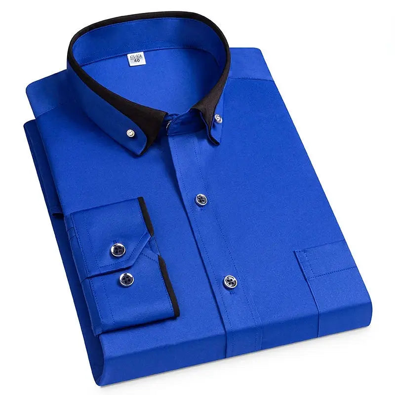 Simples Market blue men's dress shirt with black contrast collar and cuffs, button-down front, long sleeves