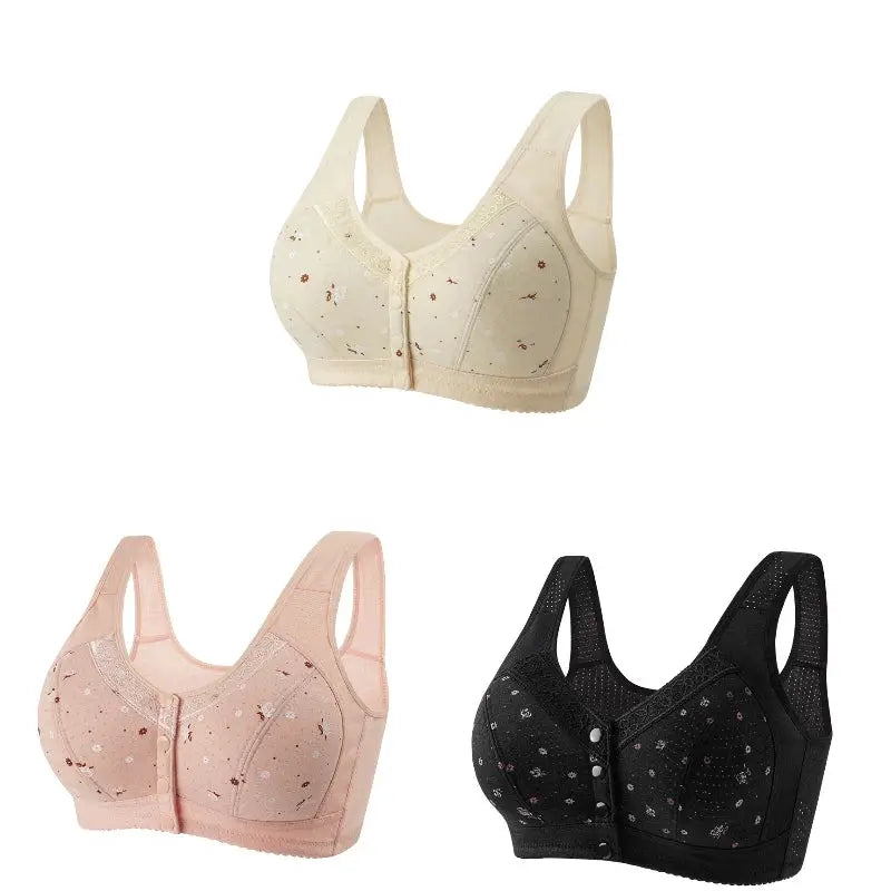 FallSweet 3Pcs Front-Closure Bras set for women, plus-size, wireless floral lace in beige, pink, black by Simples Market