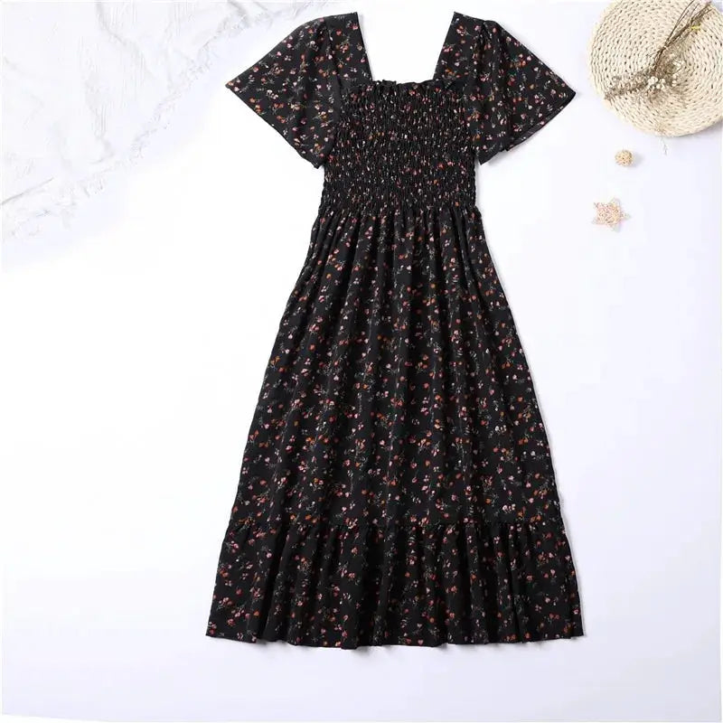 Spring Summer Floral Chiffon Midi Dress For Women With Elastic Waist Short Sleeves Backless Casual Printed
