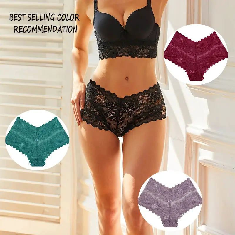 Lace bra and panties set, black with floral edges; includes teal, burgundy, purple options (3pc) by Simples Market
