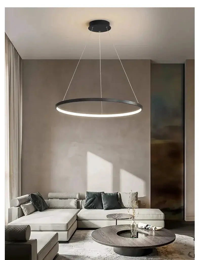 Simples Market modern round LED pendant light, black ring with white illuminated edge for living room
