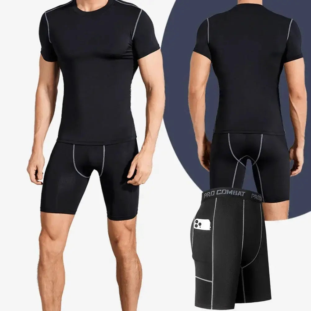 Men's compression shorts with pocket by Pro Combat, black quick-dry breathable base layer for cycling