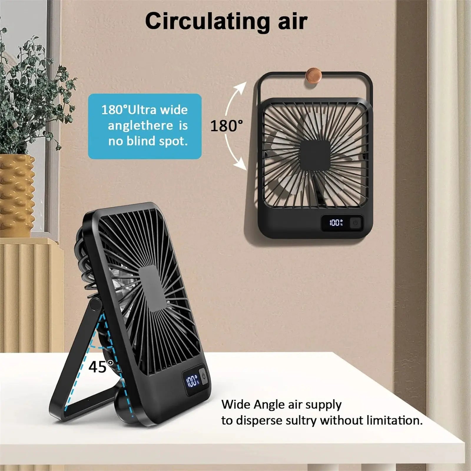 Portable USB Desk Fan With 180 Degree Tilt Folding And Power Display