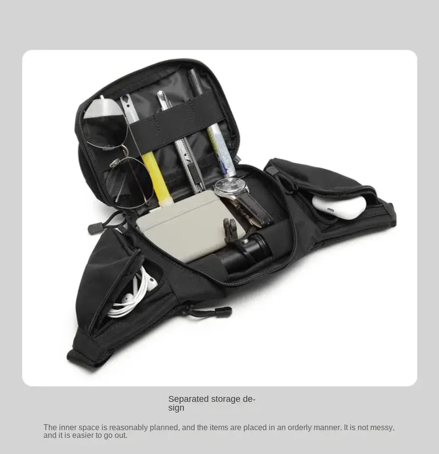 Simples Market tactical waist pack, black multi-pocket bag with organized compartments for outdoor use