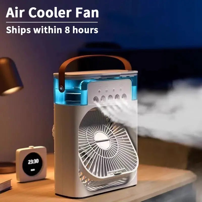 Air Cooler Fan 3-in-1; white body with blue water reservoir and brown handle, portable humidifier and LED night light