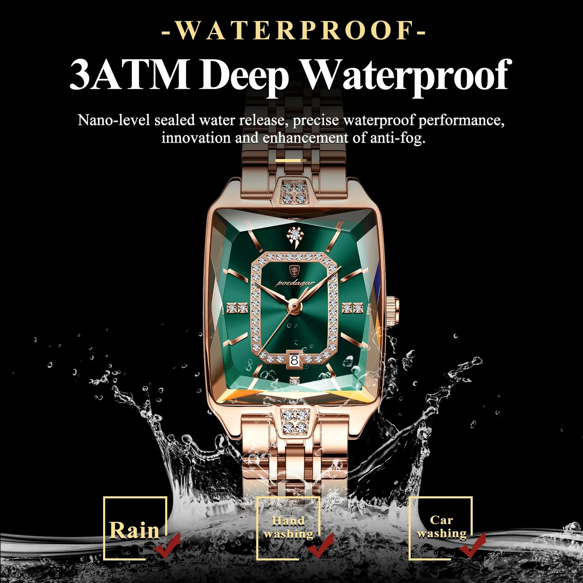 POEDAGAR luxury women's wristwatch in rose-gold stainless steel with green dial and diamond bezel, 3ATM waterproof