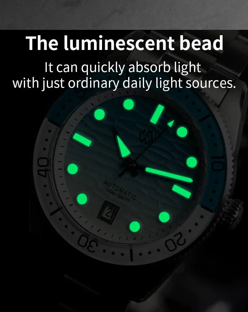 WISHDOIT men's automatic dive watch with ocean blue and white ripple dial, sapphire crystal, luminous markers.