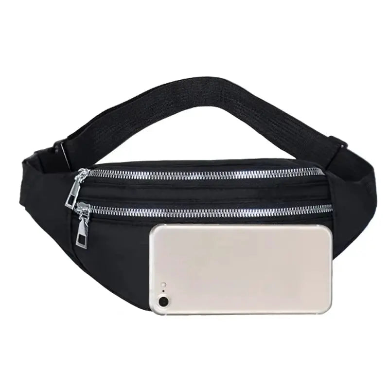 Black fanny pack waist bag with two zippered compartments and adjustable strap