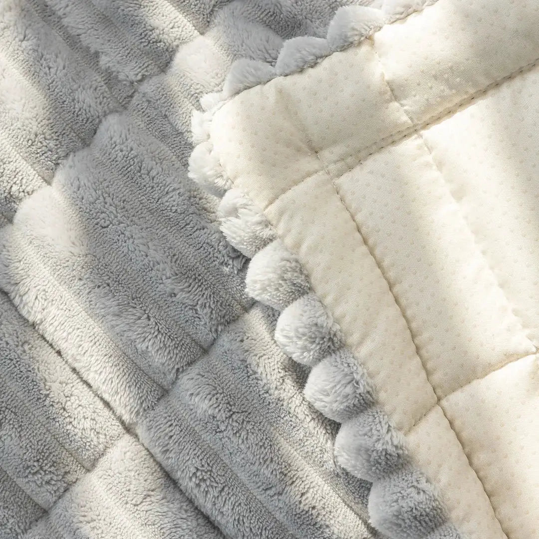 Thicken Quilting Warm Stripe Flannel Sofa Pad by Simples Market in grey/cream with pom-pom trim