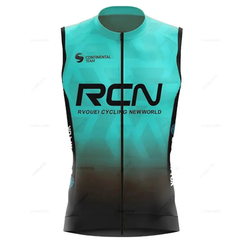 RCN windproof cycling vest in teal-to-black gradient, sleeveless, lightweight and breathable with front zipper.
