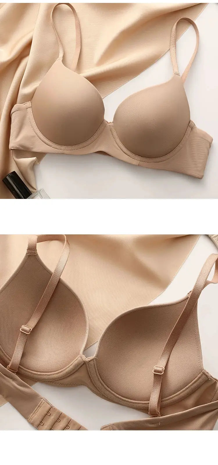 Plus-size beige cotton seamless push-up bra with adjustable straps and back hook closure