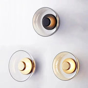 Nordic LED glass wall sconces, clear glass with gold-tone centers, set of 3.