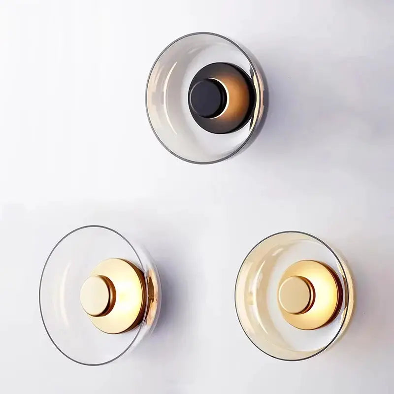 Nordic LED glass wall sconces, clear glass with gold-tone centers, set of 3.