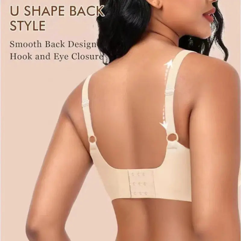 Plus-size seamless back-closure bra in beige with rear-hook closure and wireless push-up.