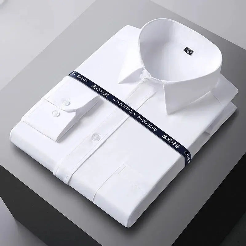 Men's formal shirt, white, long sleeve with button cuffs, neatly folded under a packaging strap.