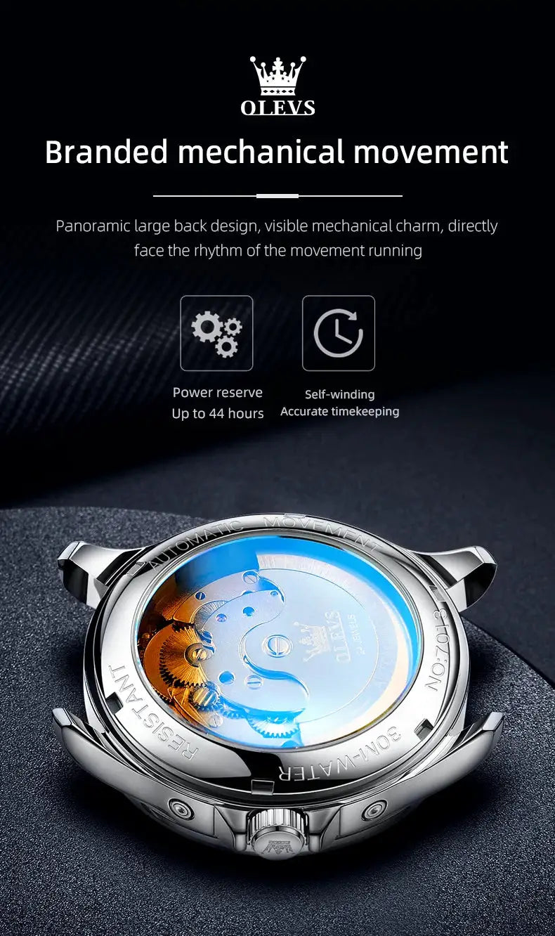 OLEVS 7013 men's automatic mechanical watch with transparent blue case back and visible gears