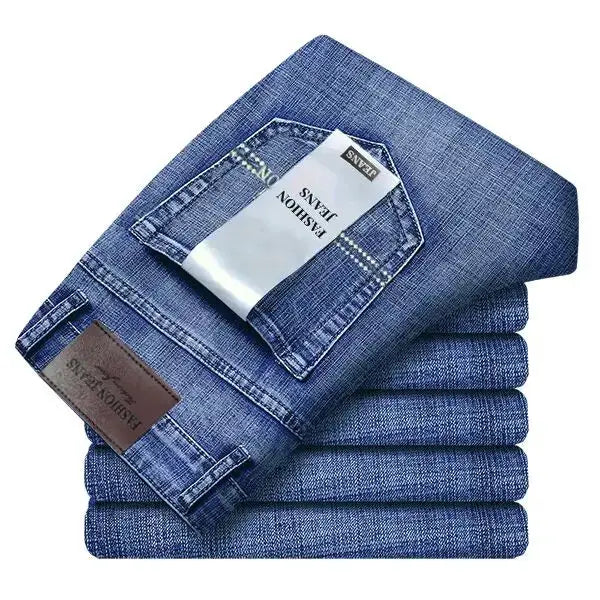 Denim jeans for men by Simples Market, blue straight-leg stretch, 6 pairs stacked