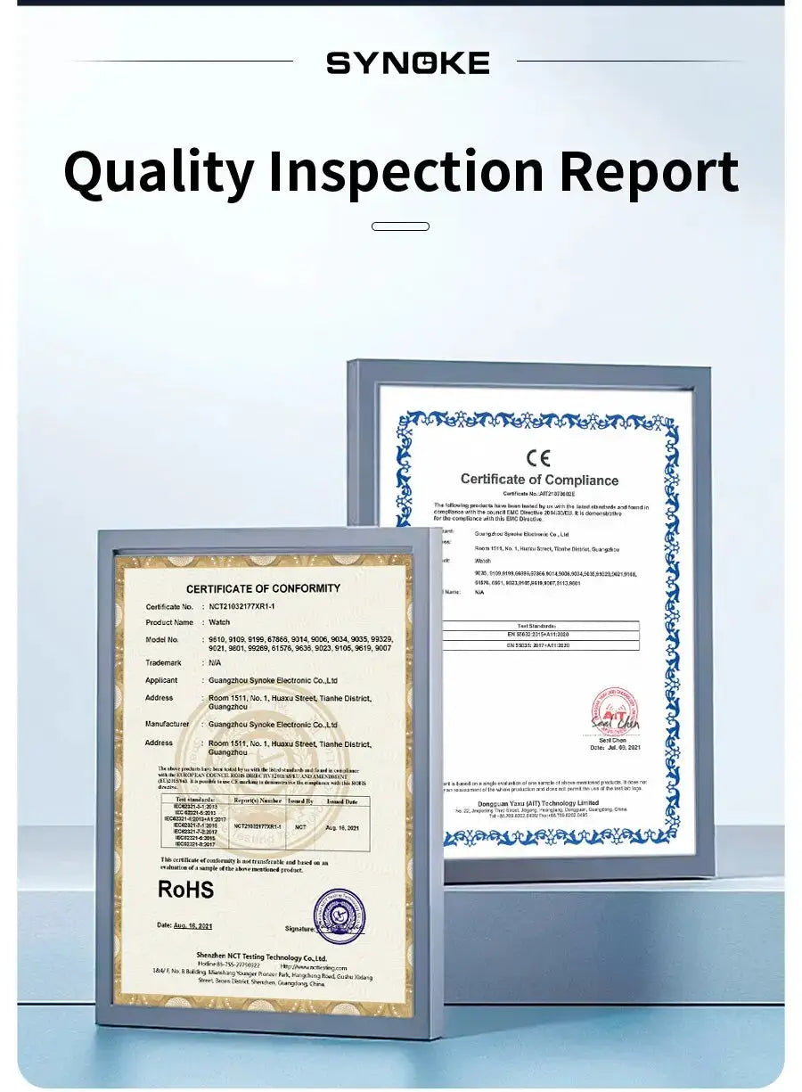 Quality inspection report for SYNOKE watch with two framed certificates and RoHS seal