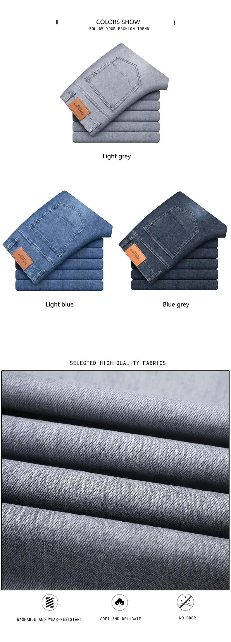 Men's denim jeans by Simples Market; cotton-stretch, three colors: light grey, light blue, blue grey