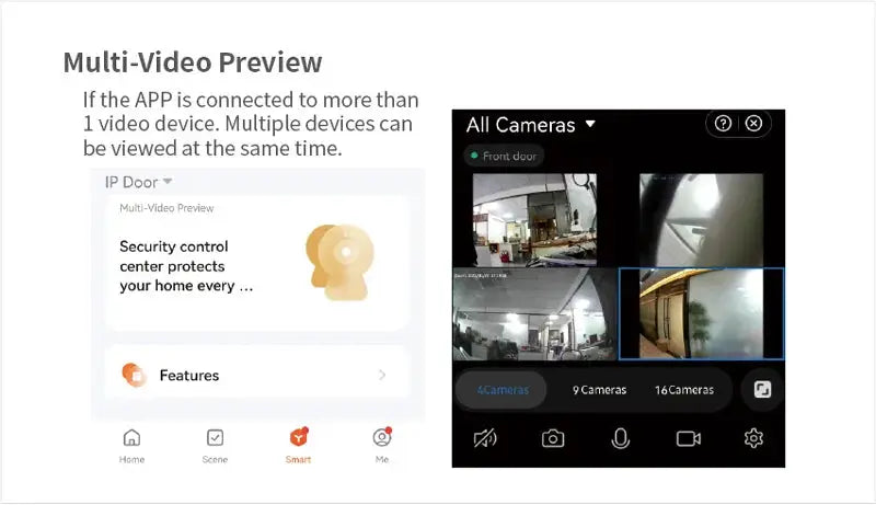 Tuya Smart 1080P Doorbell Camera by Simples Market app interface with multi-camera video preview.