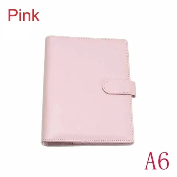 Pink A6 leather notebook cover with strap closure, Simples Market.