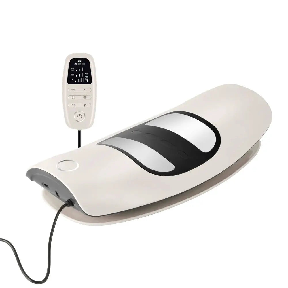 Electric lumbar traction massager by Simples Market with remote; white body, black massage panels