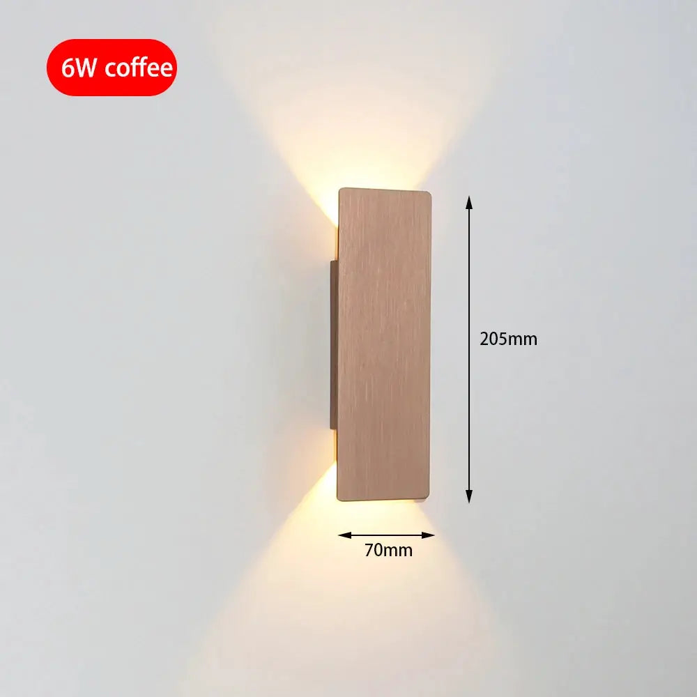 Modern LED aluminum wall lamp in bronze finish, 205mm tall by 70mm wide, with warm up‑and‑down lighting