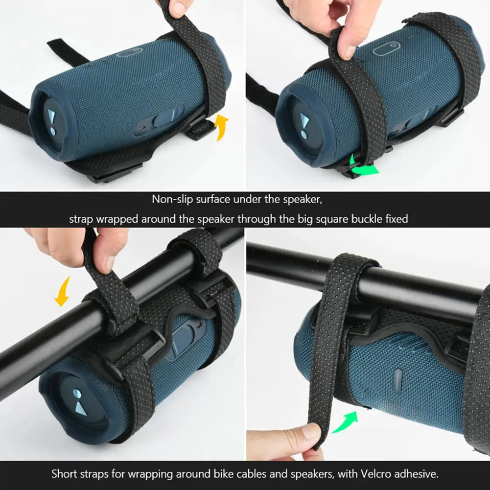 Speaker holder mount by Simples Market, blue with adjustable black straps for JBL Flip 6/5 and Charge 5 on bike rails