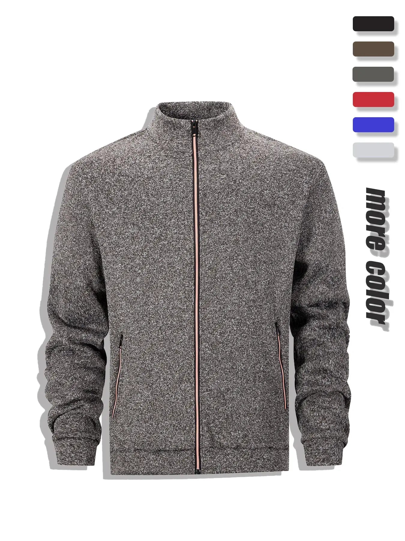 Men's heather gray full-zip sweatshirt jacket with stand collar and pink piping.