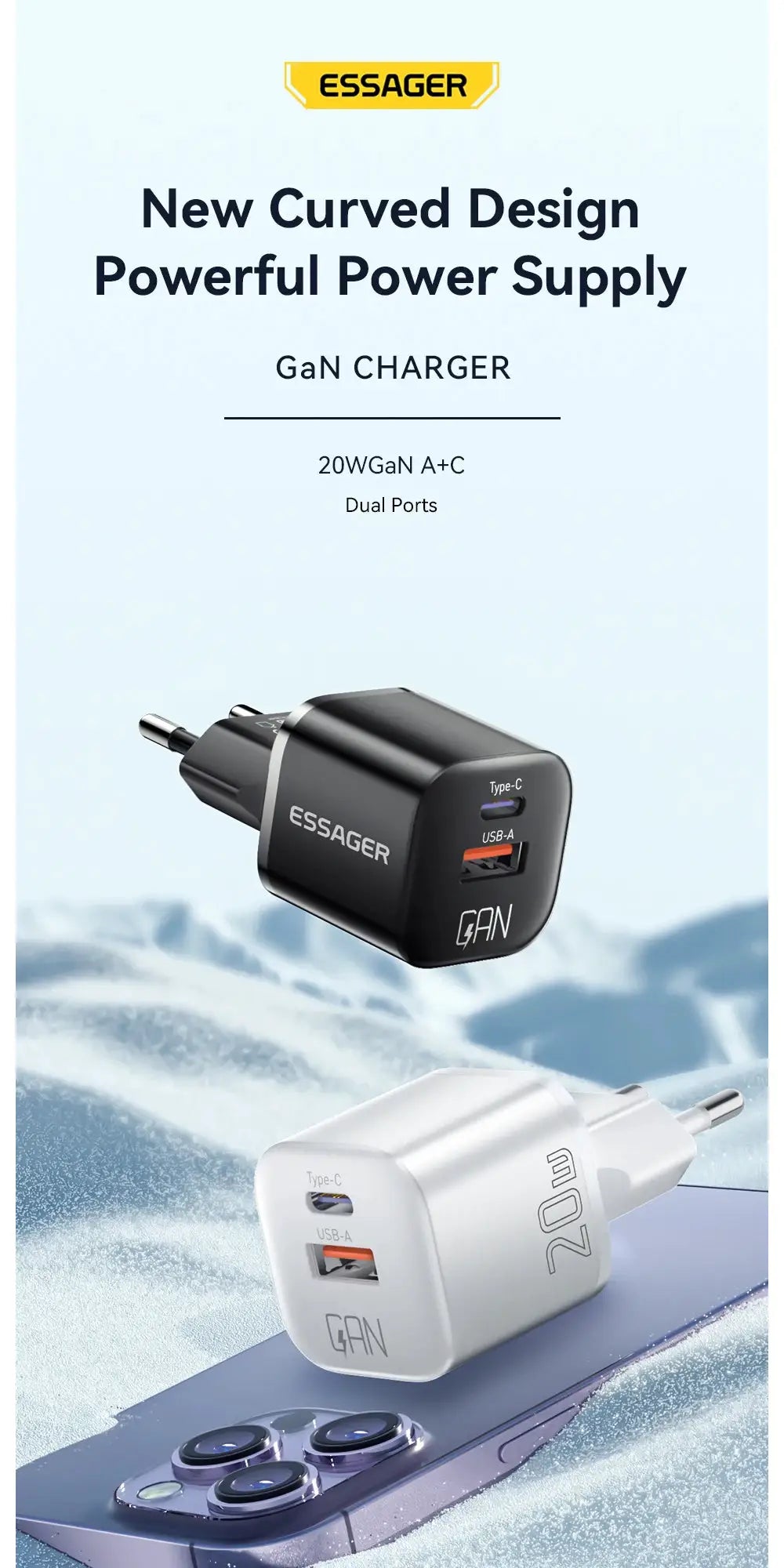Essager 20W GaN USB-C charger with dual ports (Type-C and USB-A); black and white units shown.