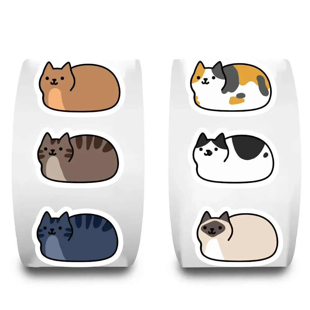 500pcs Simples Market kawaii cat sticker roll set; six cartoon cat designs in brown, calico, navy, and beige