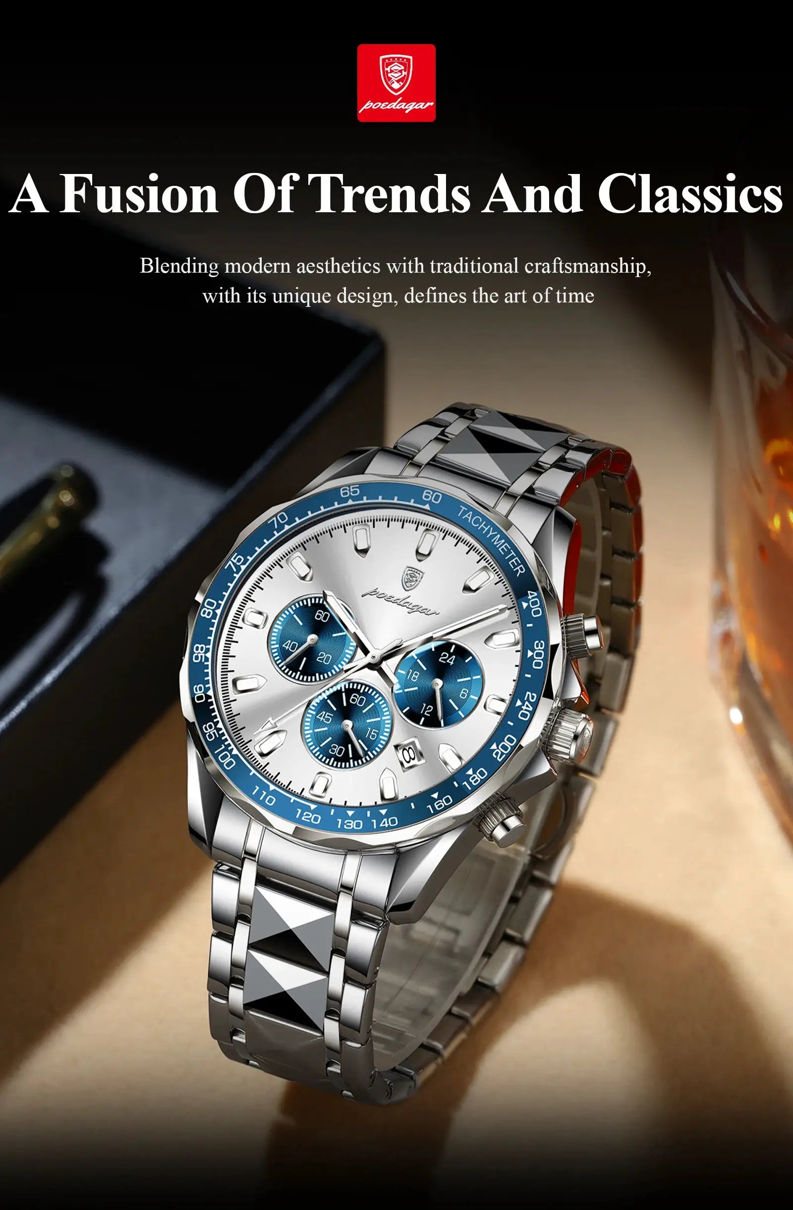 POEDAGAR stainless steel men's watch with blue tachymeter bezel and chronograph subdials